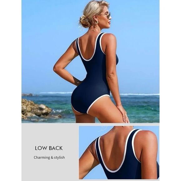 CHARMO‎ Swimsuit Women’s Size Small Navy White One Piece/ Zipper Front - Picture 2 of 14